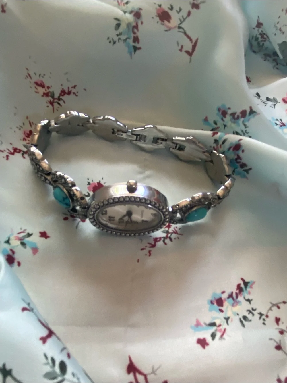 Vintage Western Style Silver-Tone Turquoise Accent Watch Bracelet - Works!